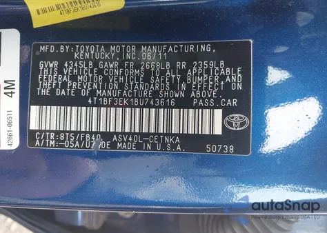 2011 Toyota Camry Le z USA, uszkodzony, nr VIN 4T1BF3EK1BU743616